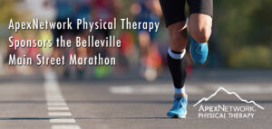 Runner leading a group of runners with the words on the image ApexNetwork Physical Therapy Sponsors the Belleville Main Street Marathon.