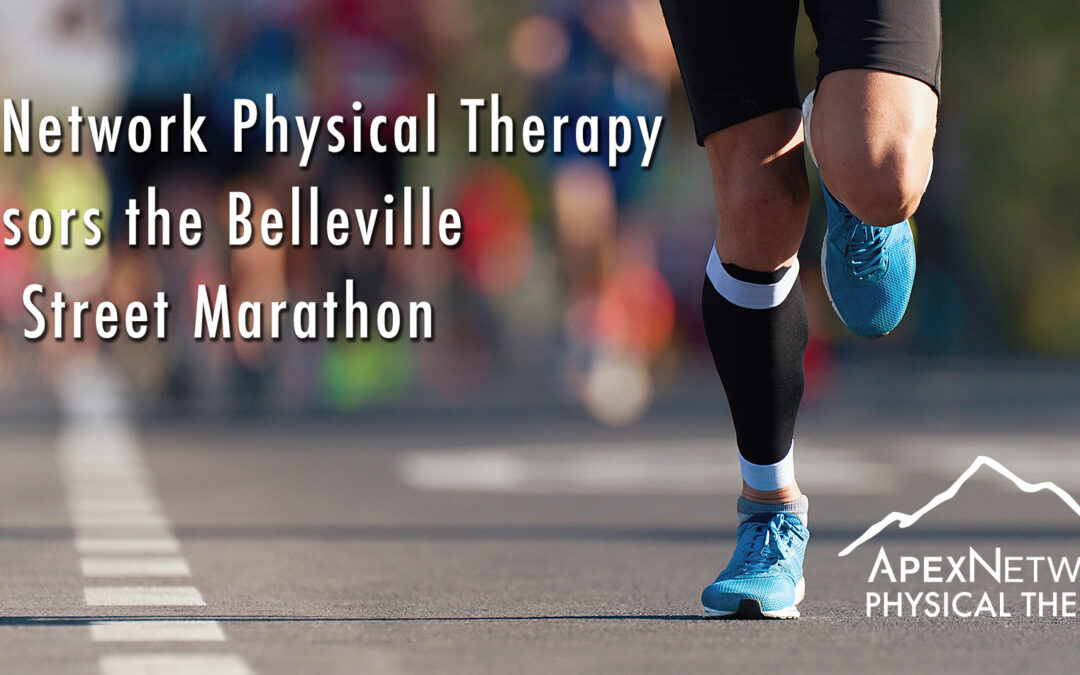Runner leading a group of runners with the words on the image ApexNetwork Physical Therapy Sponsors the Belleville Main Street Marathon.
