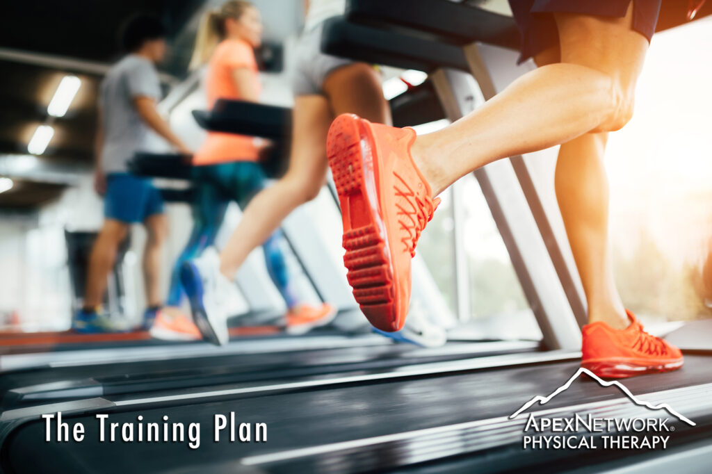 Picture of people doing cardio training on treadmill in gym with the words "The Training Plan" and ApexNetwork Physical Therapy logo on the bottom of the image.